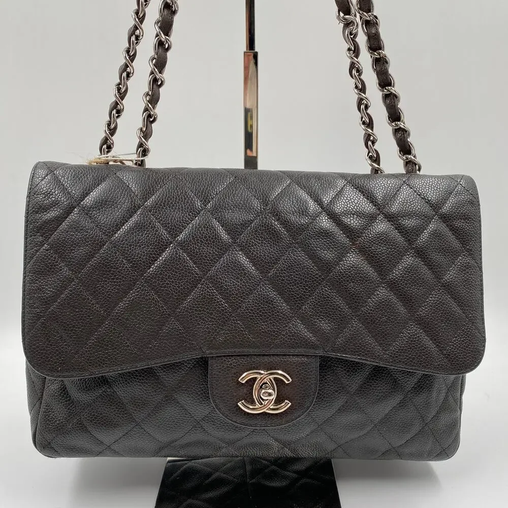 Chanel Jumbo Single Flap Caviar Bag Leather Brown Classic SHW Silver Hardware